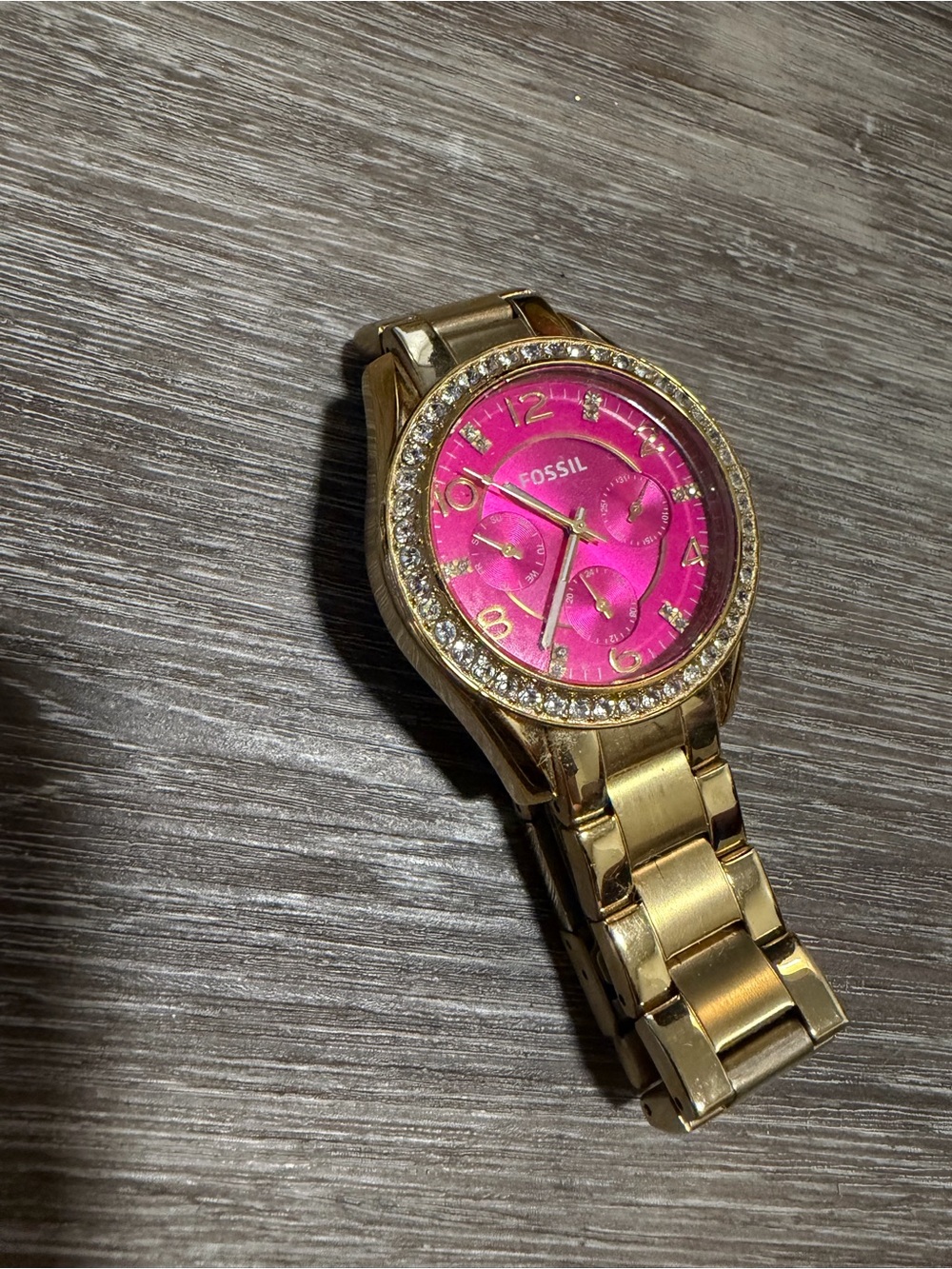 Fossil Gold Bracelet Watch with Bright Pink Dial and Crystal Bezel